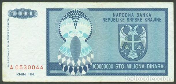 Billetes extranjeros: Republika Srpska Krajina. Knin. (Croacia en el Pick). 100000000 dinara 1993. Pick R15.