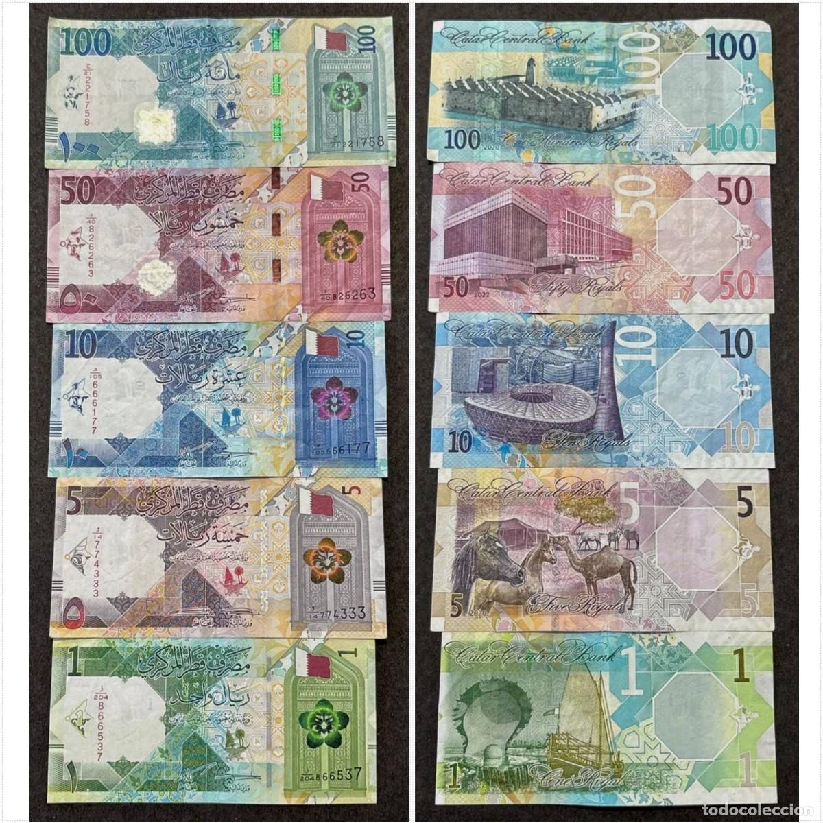 Billetes extranjeros: Qatar Set 5 pcs 1 5 10 50 y 100 Riyals 2020-2022 Circulados (los de las fotos)