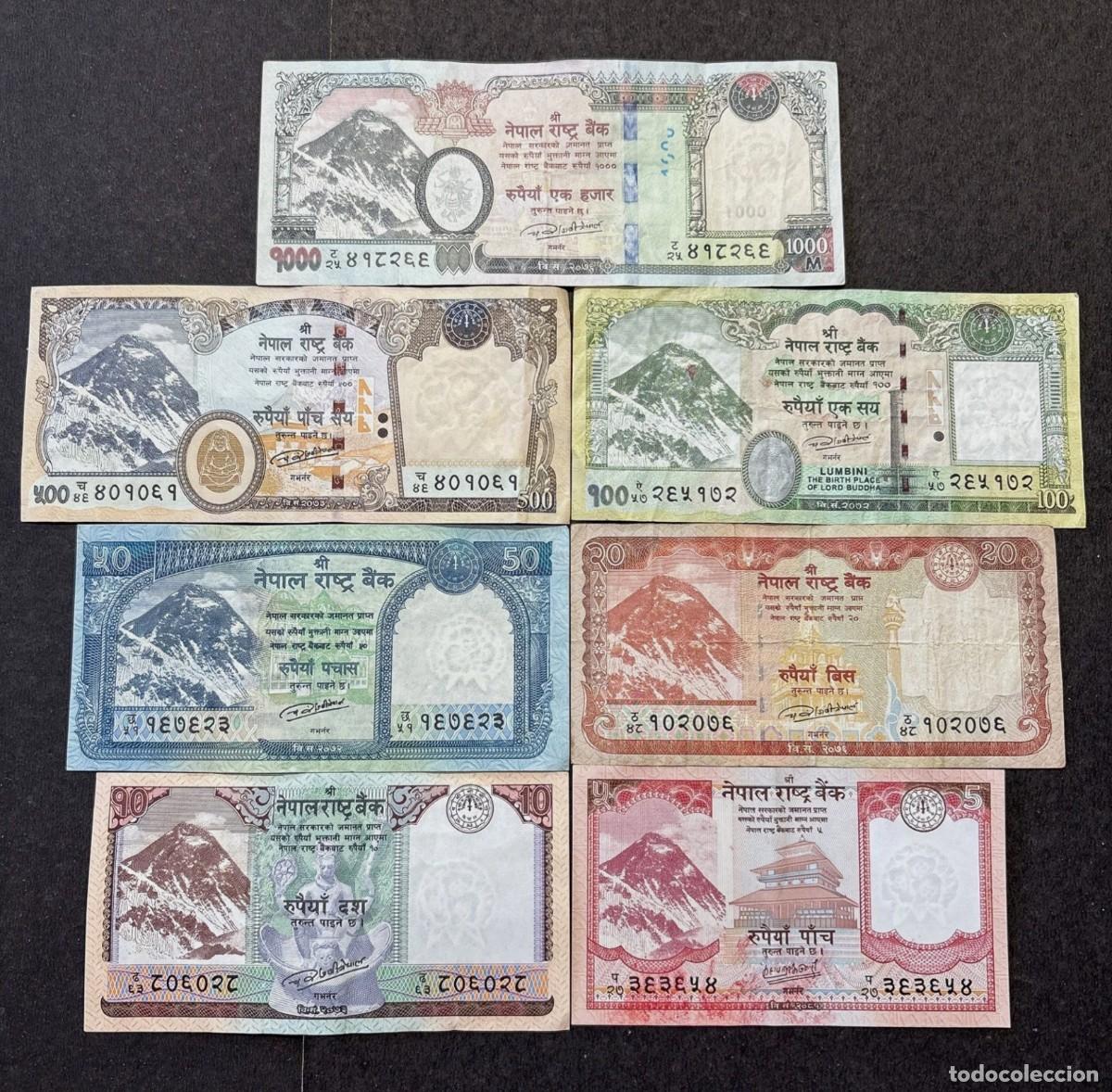 Billetes extranjeros: Nepal Set 7 pcs 5 10 20 50 100 500 y 1000 Rupias 2015-2024 Circulados (los de las fotos)