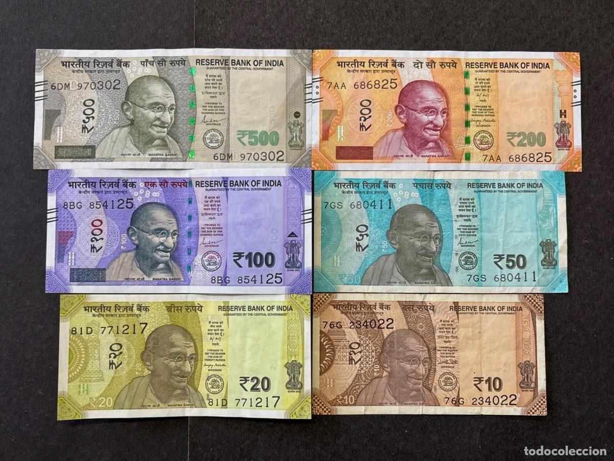 Billetes extranjeros: India Set 6 pcs 10 20 50 100 200 y 500 Rupias 2018-2025 Circulados (los de las fotos)