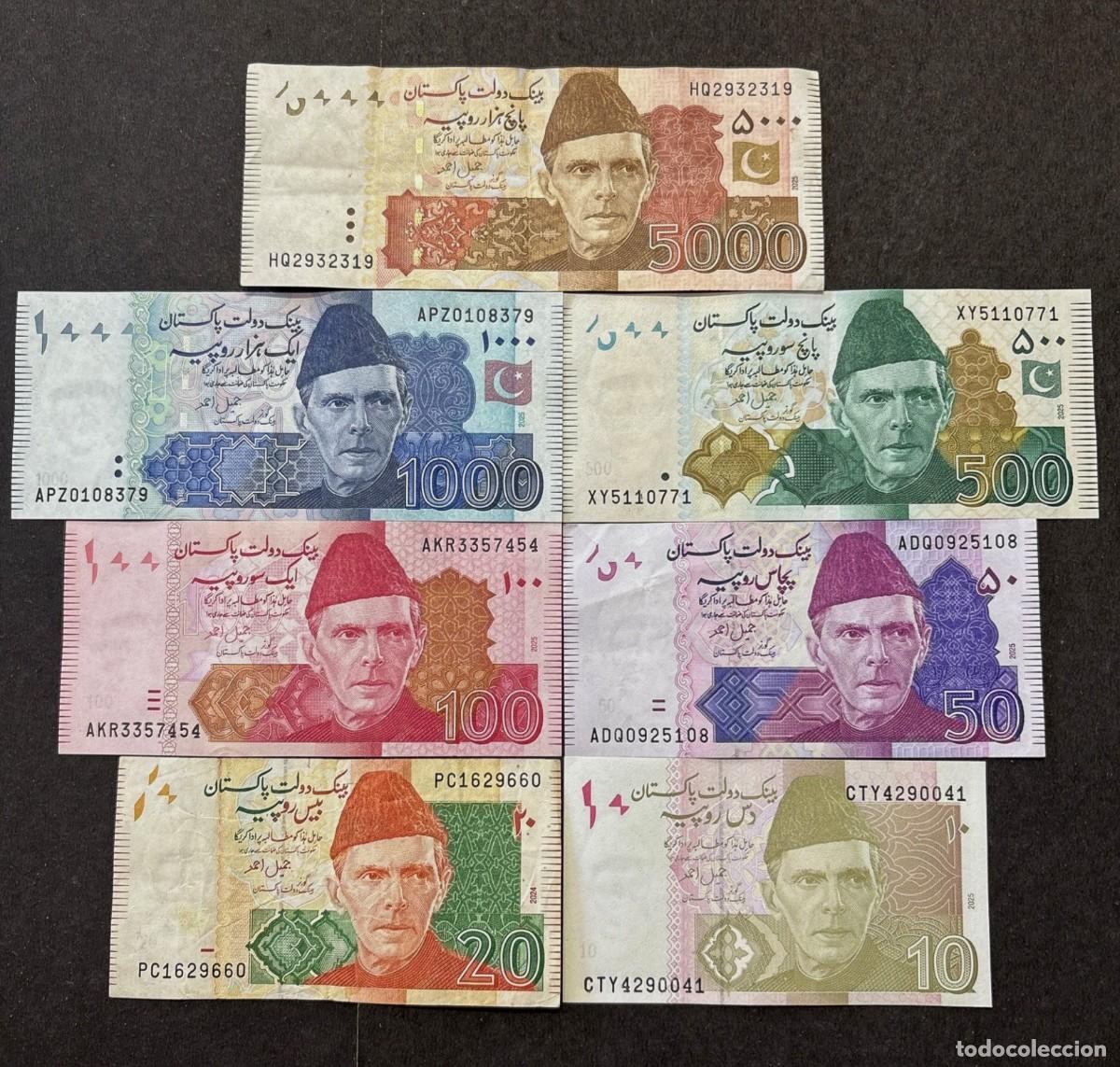Billetes extranjeros: Pakistan Set 6 pcs 10 20 50 100 500 1000 y 5000 Rupias 2024-2025 Circulados (los de las fotos)