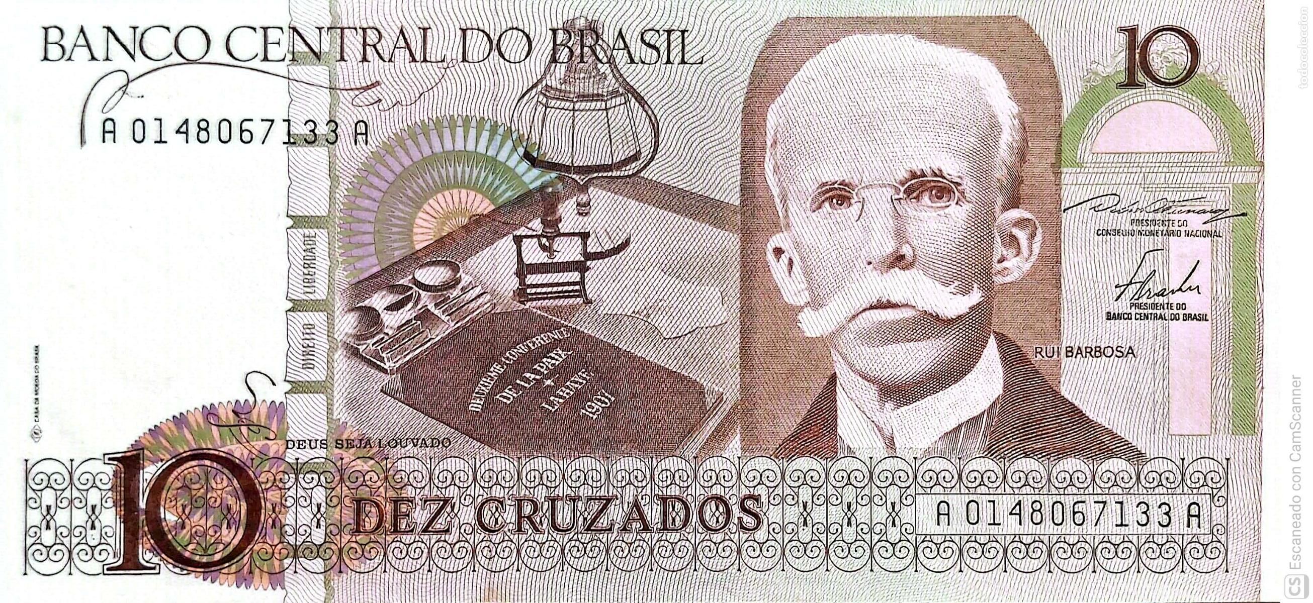 Billetes extranjeros: Brasil. Billete de 10 Cruzados: Ruy Barbosa de Oliveira. Serie: A0148067133A. Es el billete que se