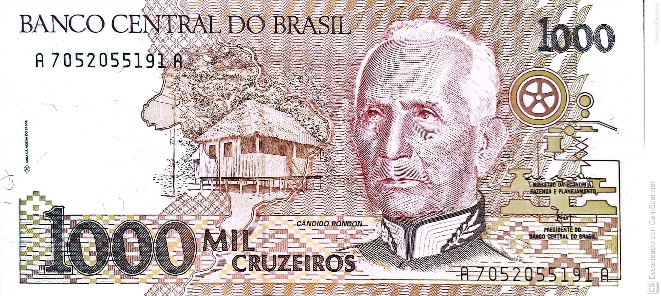 Billetes extranjeros: Brasil. Billete de 1000 Cruzeiros: C&aacute;ndido Rond&oacute;n. Serie: A7052055191A. Es el billete que se env&iacute;a