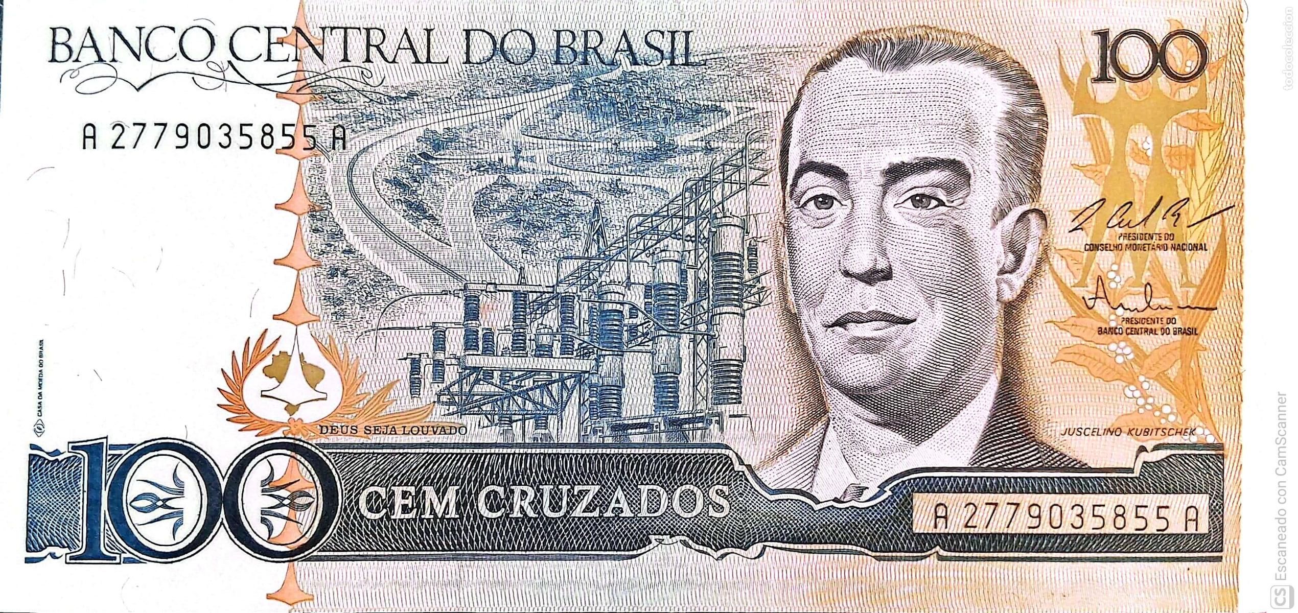 Billetes extranjeros: Brasil. Billete de 100 CEM Cruzados: Juscelino Kubitschek. Serie: A2779035855A. Es el billete que