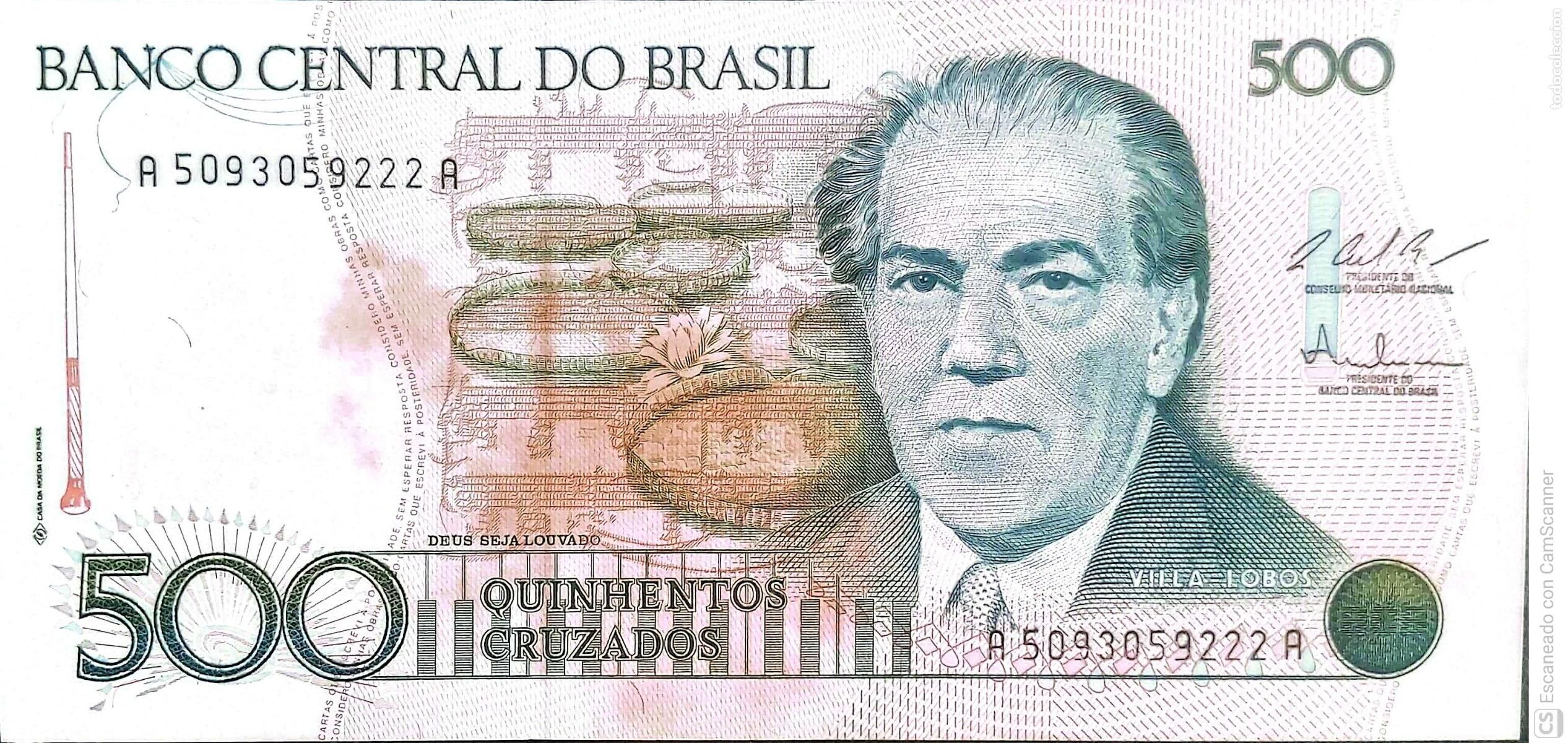 Billetes extranjeros: Brasil. Billete de 500 Cruzados: Villa Lobos Serie: A5093059222A. Es el billete que se env&iacute;a. Est
