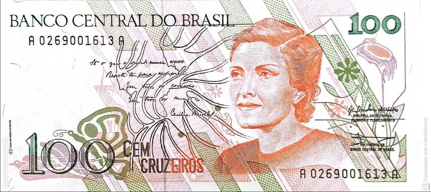 Billetes extranjeros: Brasil. Billete de 100 CEM Cruzeiros: Cecilia Meireles Serie: A0269001613A. Es el billete que se e