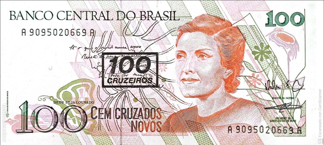 Billetes extranjeros: Brasil. Billete de 100 Cruzeiros: Cecilia Meireles. Sello rectangular de 100 Cruzeiros en el billete