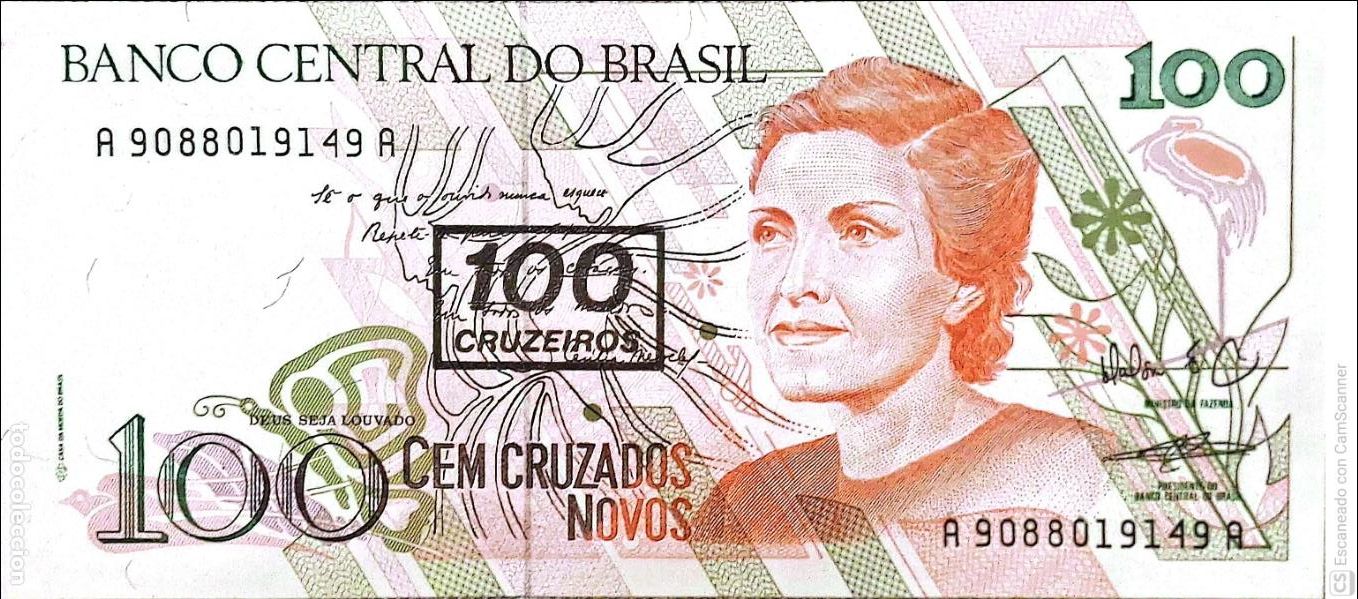 Billetes extranjeros: Brasil. Billete de 100 Cruzeiros: Cecilia Meireles. Sello rectangular de 100 Cruzeiros en el billete