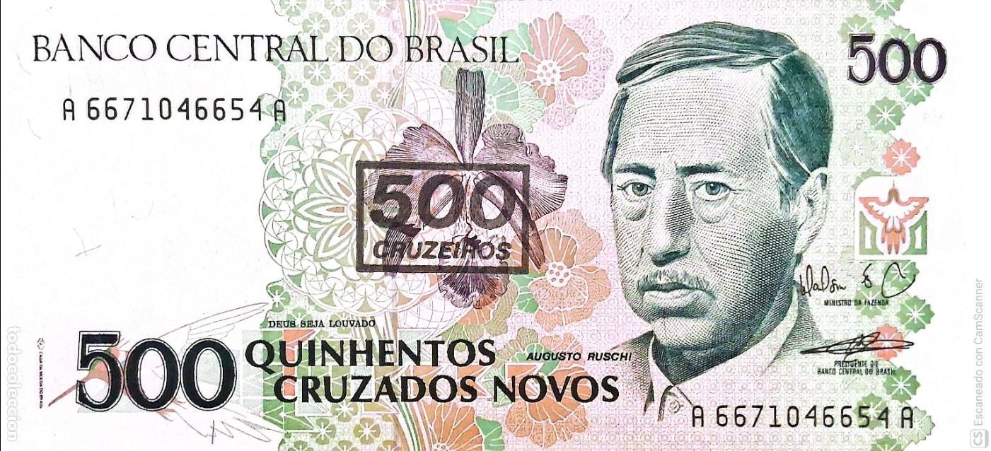 Billetes extranjeros: Brasil. Billete de 500 Cruzados Nuevos: Augusto Ruschi. Sello rectangular de 500 Cruzeiros en el bil
