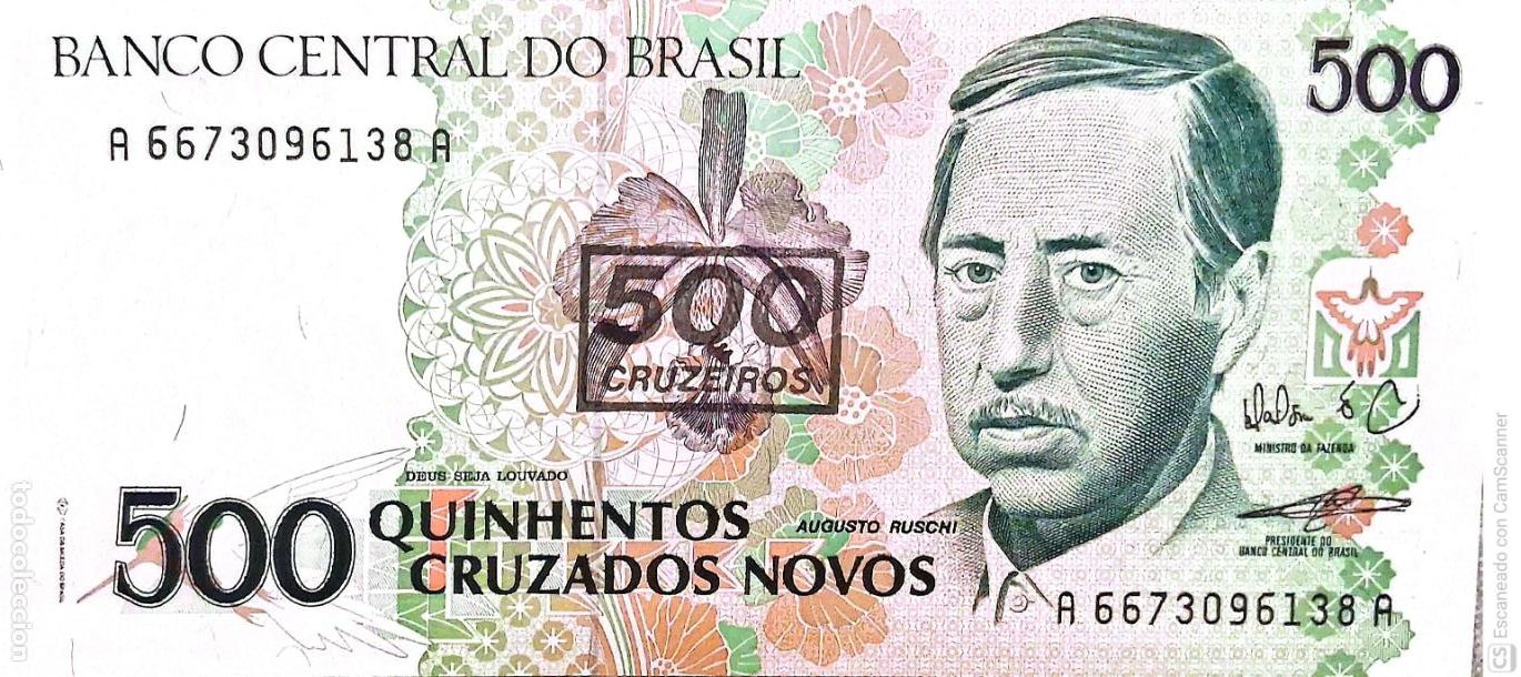 Billetes extranjeros: Brasil. Billete de 500 Cruzados Nuevos: Augusto Ruschi. Sello rectangular de 500 Cruzeiros en el bil