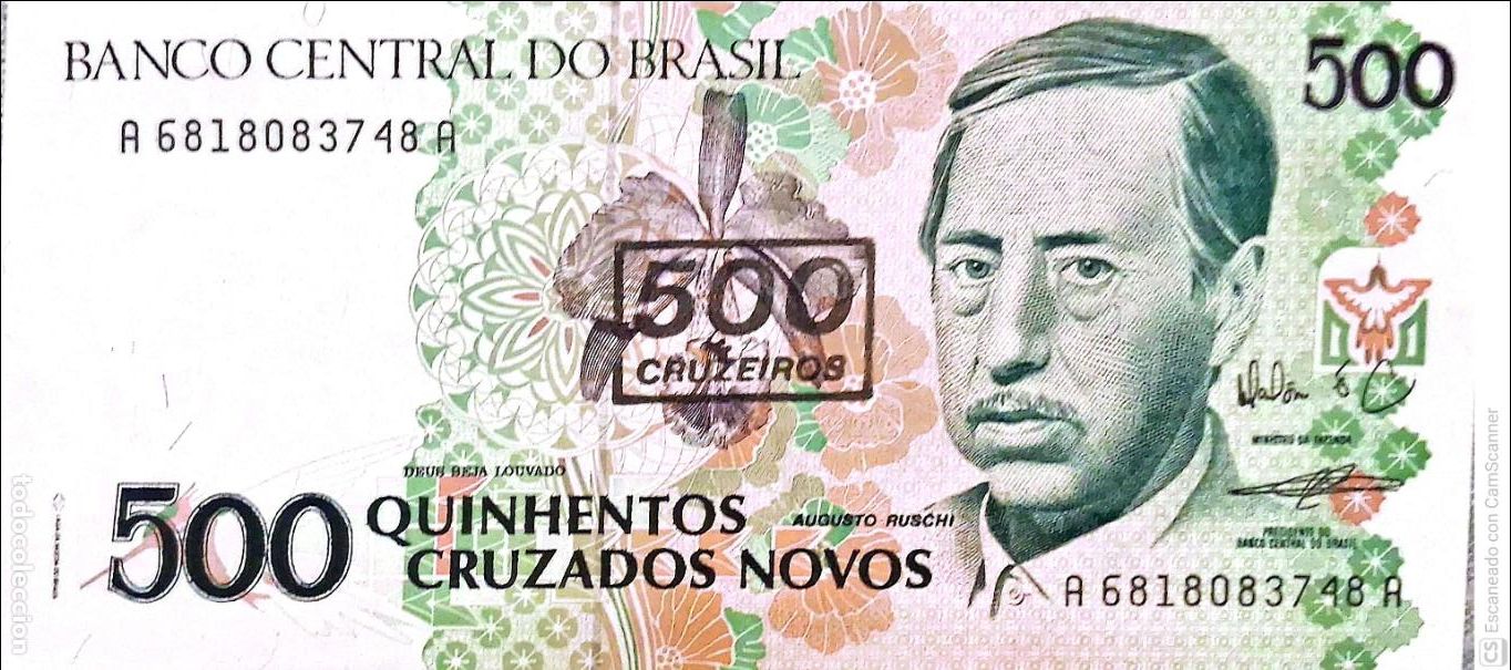 Billetes extranjeros: Brasil. Billete de 500 Cruzados Nuevos: Augusto Ruschi. Sello rectangular de 500 Cruzeiros en el bil