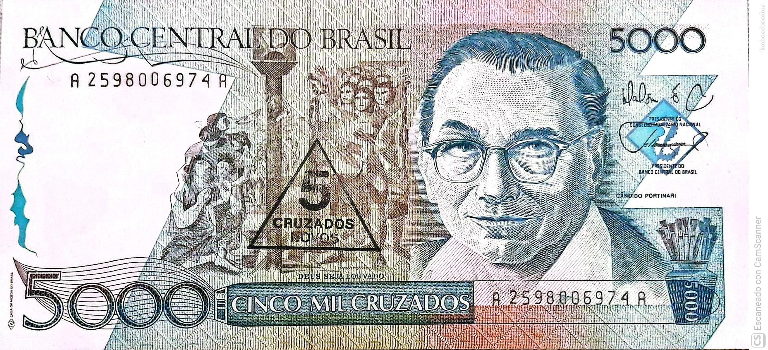 Billetes extranjeros: Brasil. Billete de 5000 Cruzados: Candido Portinari. Sello triangular de 5 Nuevos Cruzados en el bil