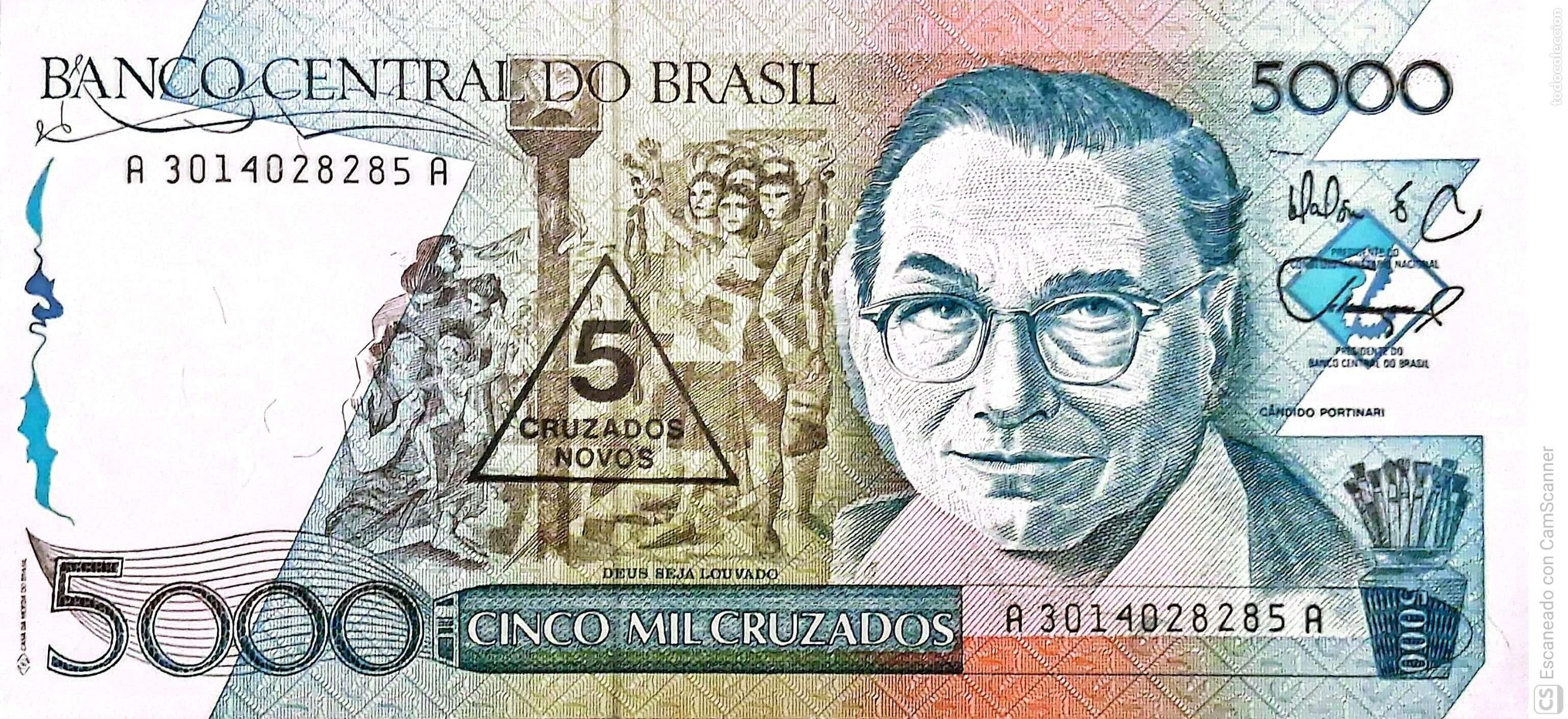 Billetes extranjeros: Brasil. Billete de 5000 Cruzados: Candido Portinari. Sello triangular de 5 Nuevos Cruzados en el bil