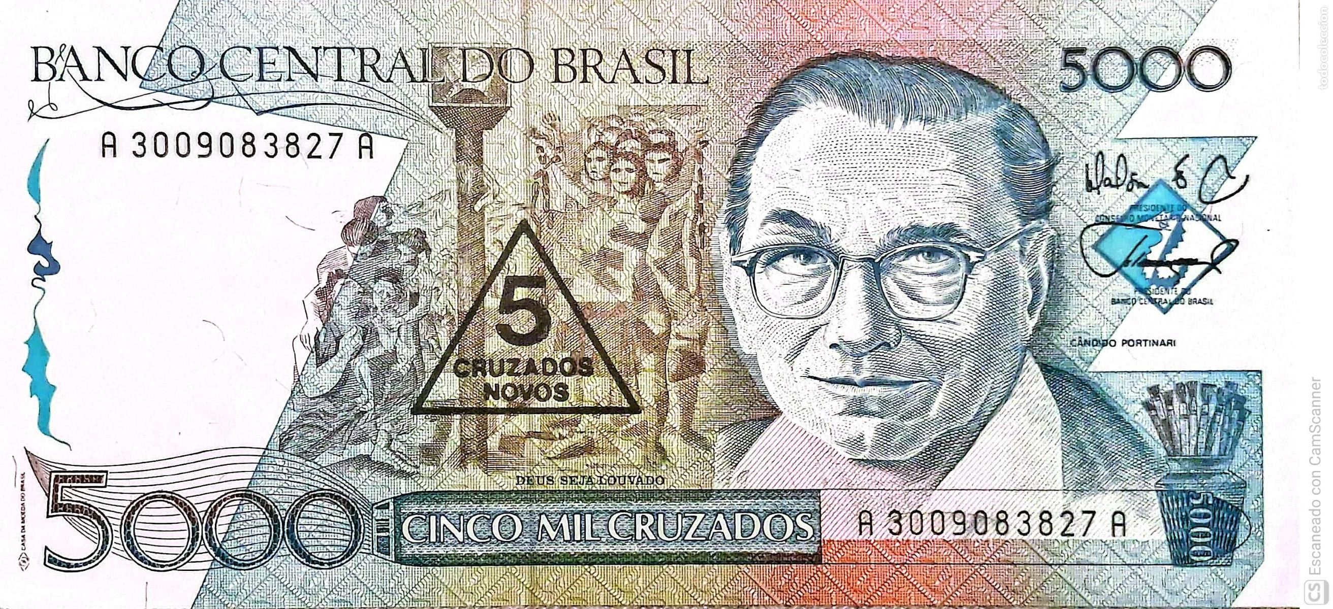 Billetes extranjeros: Brasil. Billete de 5000 Cruzados: Candido Portinari. Sello triangular de 5 Nuevos Cruzados en el bil