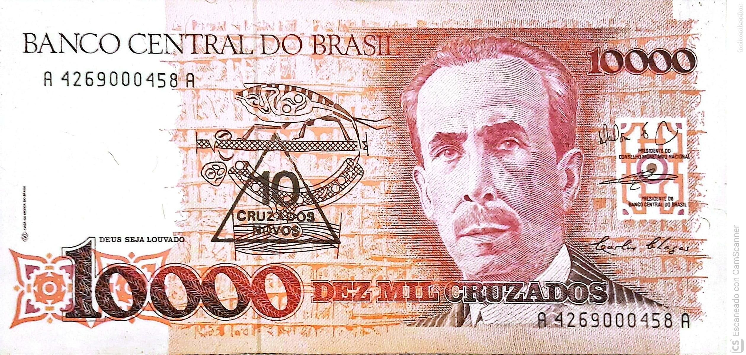 Billetes extranjeros: Brasil. Billete de 10000 Cruzados: Carlos Chagas. Sello triangular de 10 Nuevos Cruzados en el bille