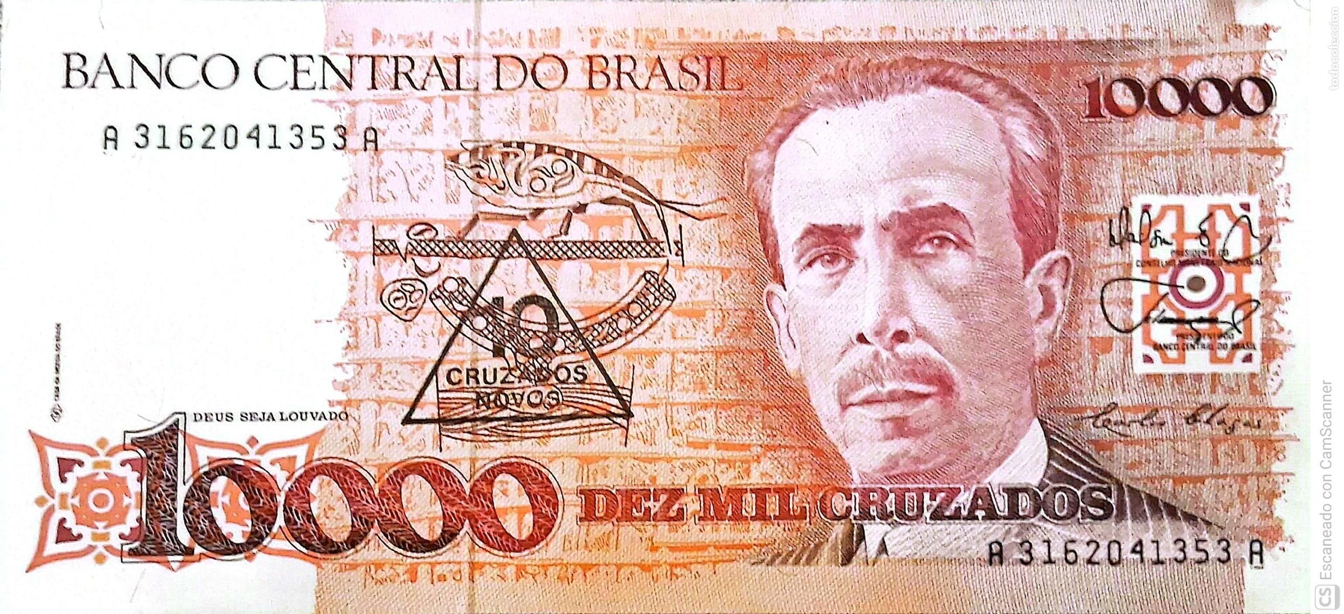 Billetes extranjeros: Brasil. Billete de 10000 Cruzados: Carlos Chagas. Sello triangular de 10 Nuevos Cruzados en el bille