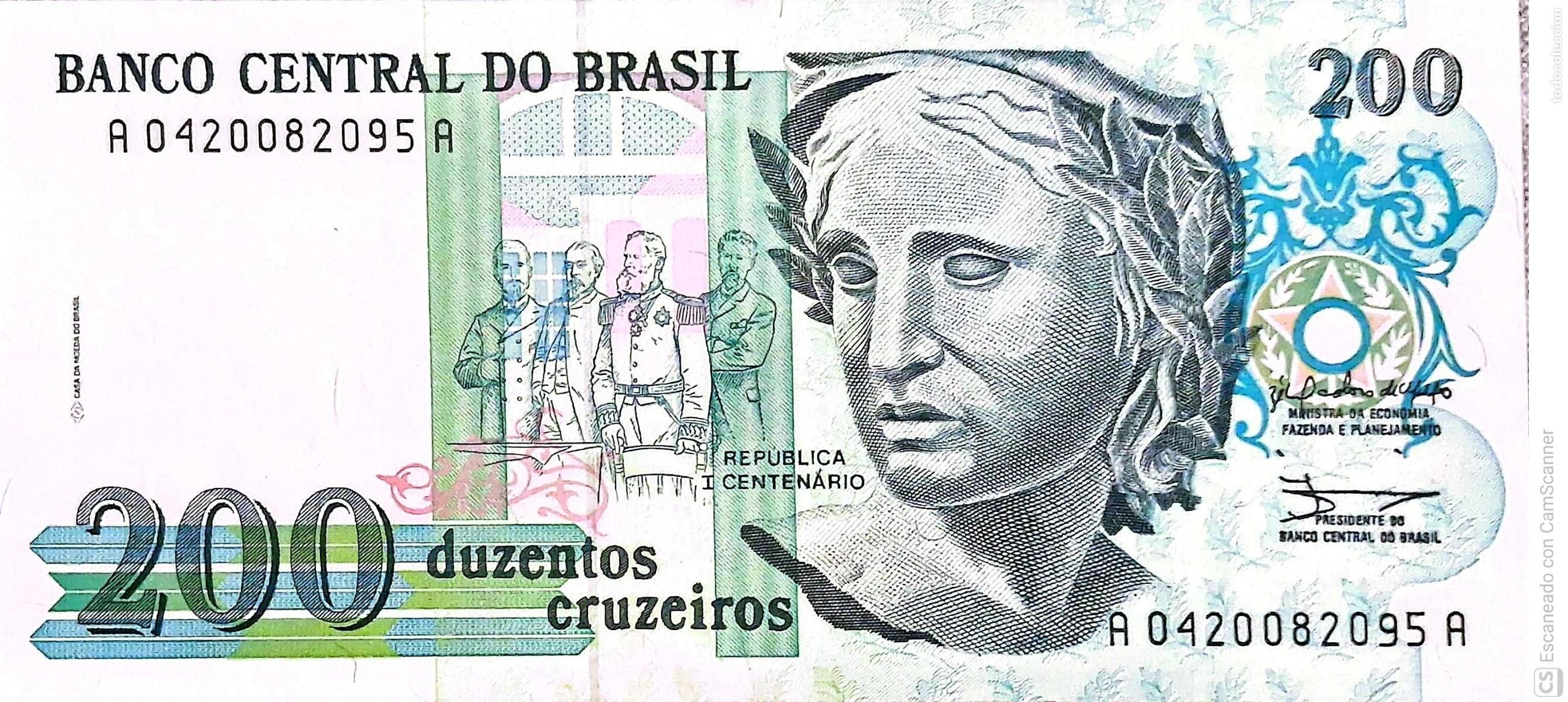 Billetes extranjeros: Brasil. Billete de 200 Cruzeiros: Efigie simb&oacute;lica de la Rep&uacute;blica. Serie: A0420082095A. Es el bil