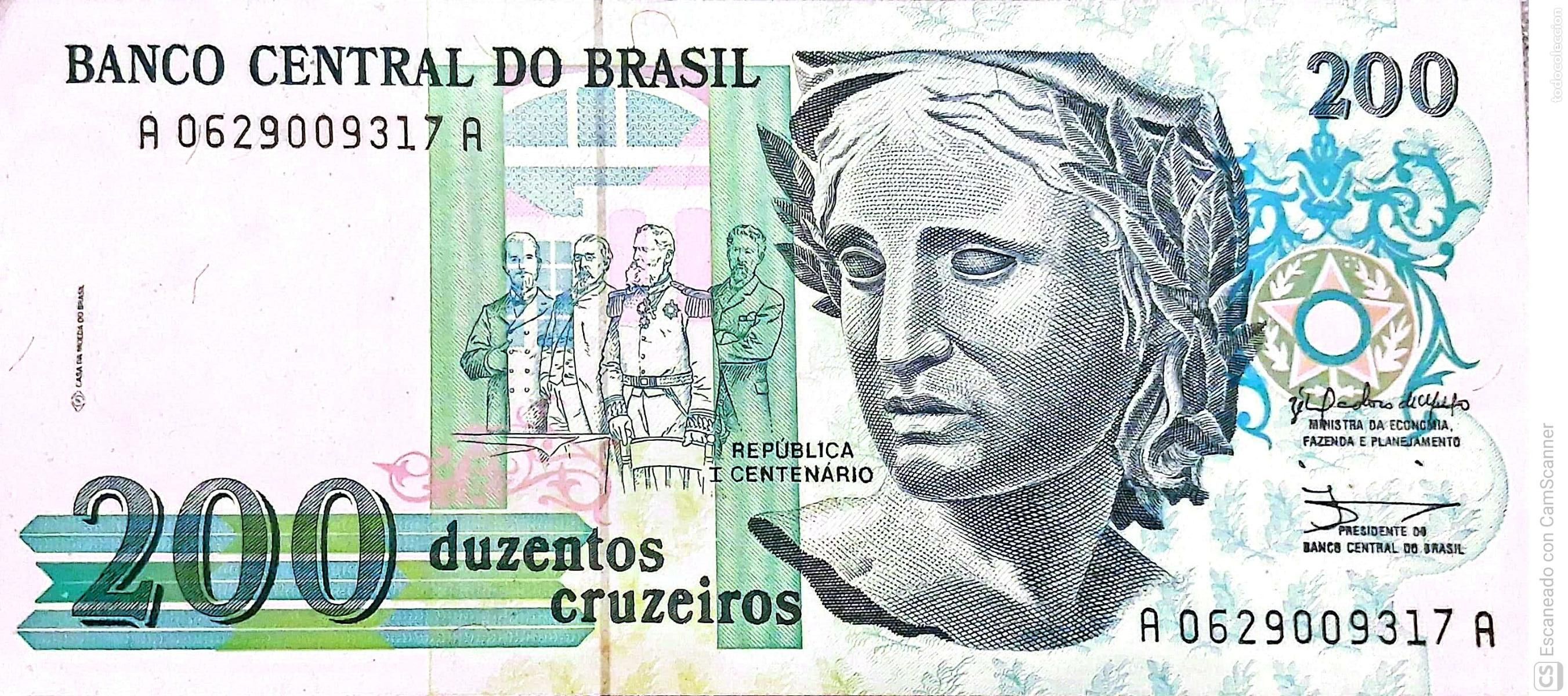 Billetes extranjeros: Brasil. Billete de 200 Cruzeiros: Efigie simb&oacute;lica de la Rep&uacute;blica. Serie: A0629009317A. Es el bil