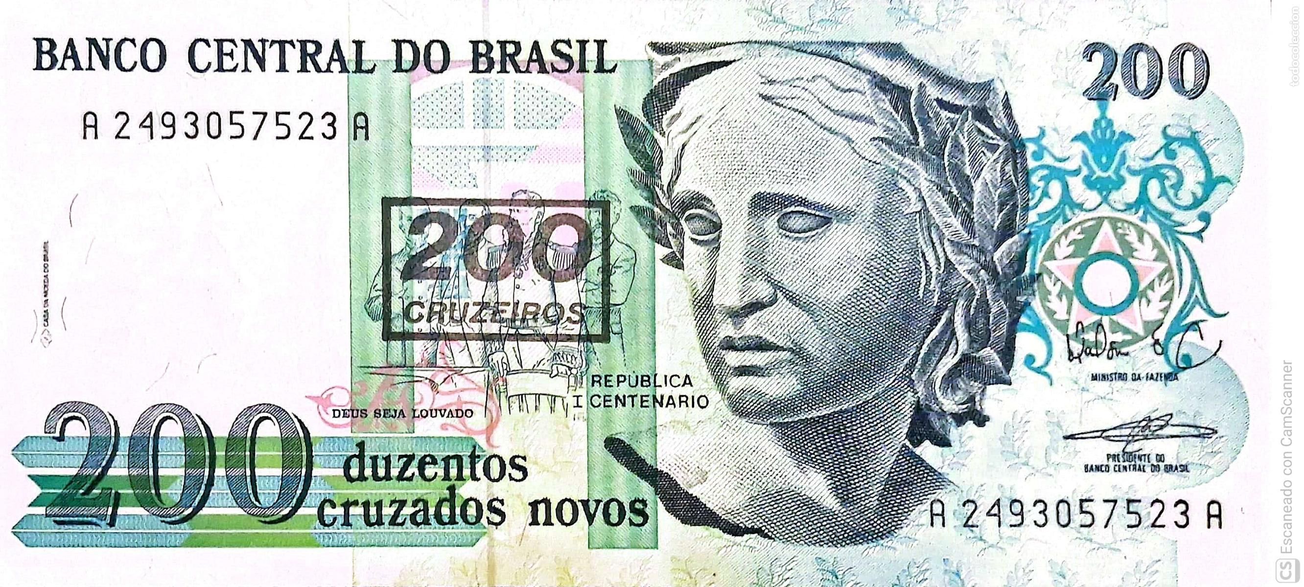 Billetes extranjeros: Brasil. Billete de 200 Cruzeiros: Efigie simb&oacute;lica de la Rep&uacute;blica. Sello rectangular de 200 Cruzeir
