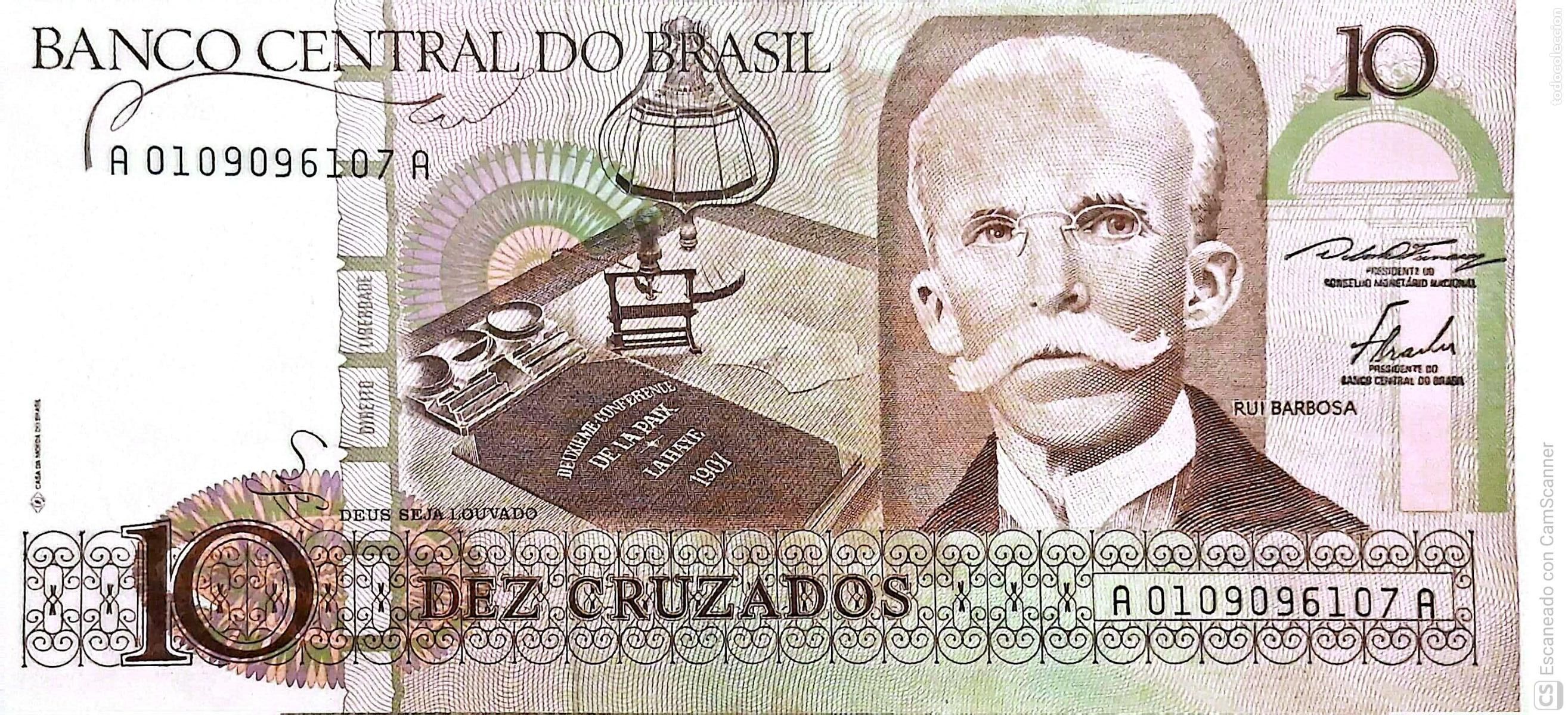 Billetes extranjeros: Brasil. Billete de 10 Cruzados: Ruy Barbosa de Oliveira. Serie: A0411091464A. Es el billete que se