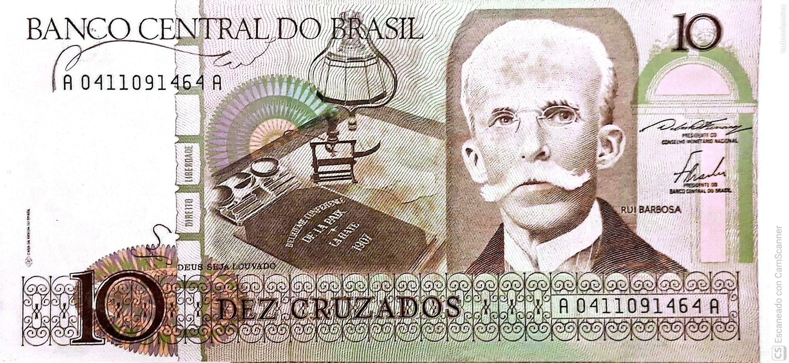 Billetes extranjeros: Brasil. Billete de 10 Cruzados: Ruy Barbosa de Oliveira. Serie: A0411091464A. Es el billete que se