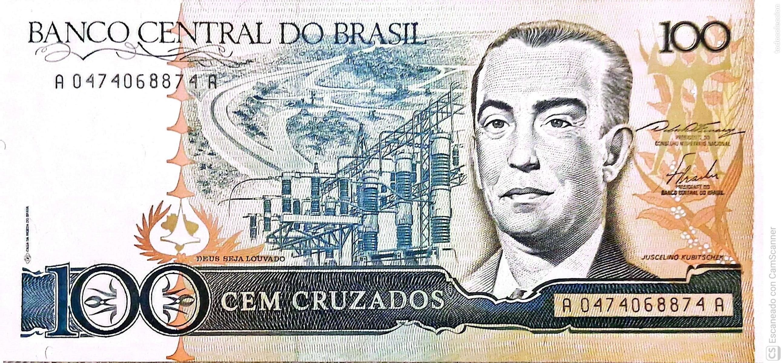 Billetes extranjeros: Brasil. Billete de 100 CEM Cruzados: Juscelino Kubitschek. Serie: A2779035855A. Es el billete que