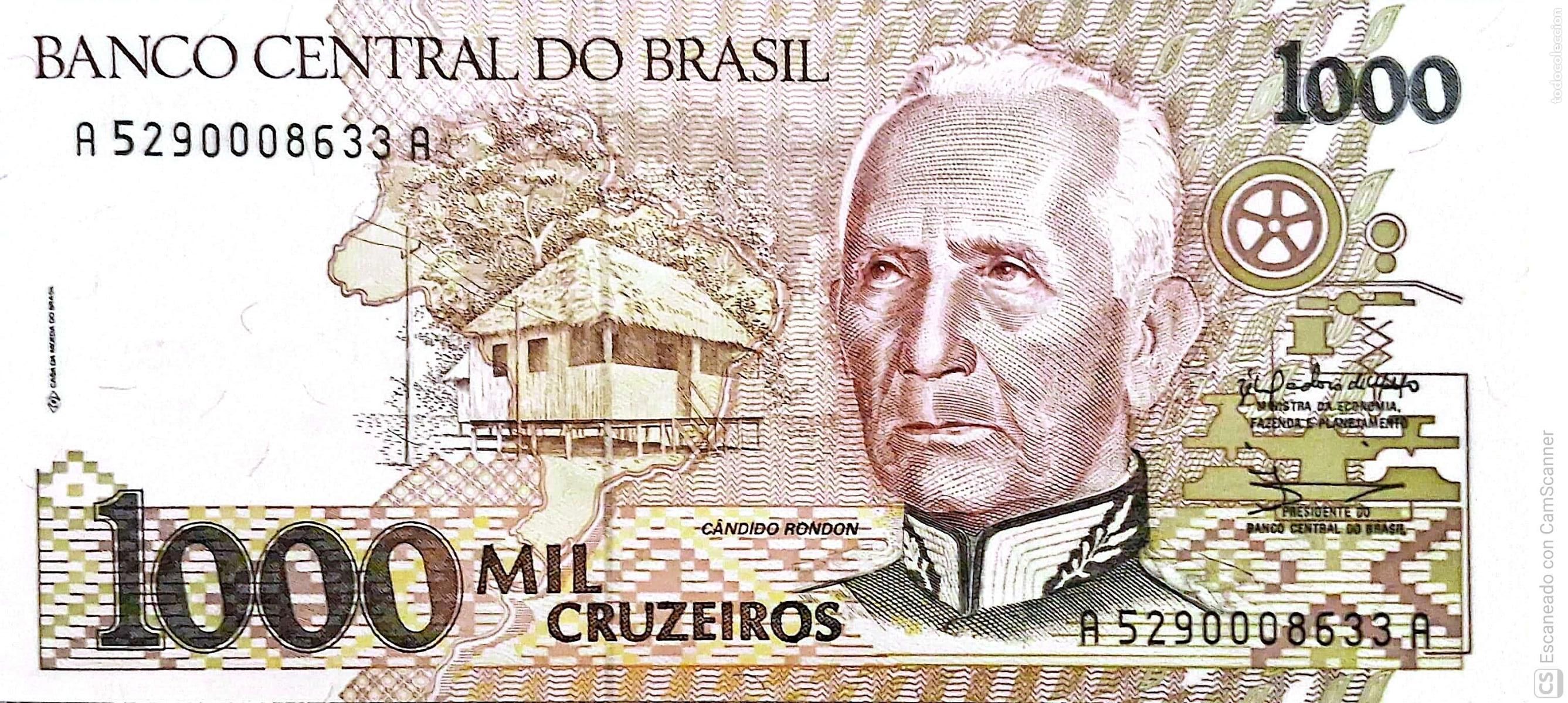 Billetes extranjeros: Brasil. Billete de 1000 Cruzeiros: C&aacute;ndido Rond&oacute;n. Serie: A5290008633A. Es el billete que se env&iacute;a