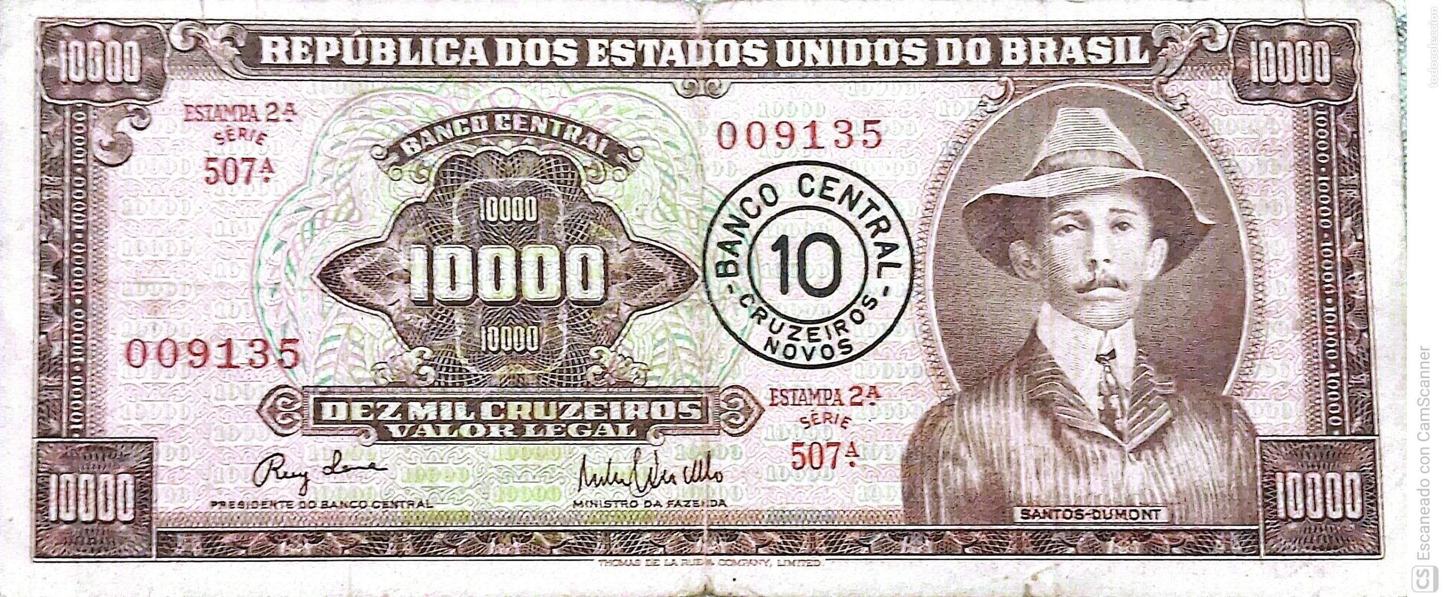 Billetes extranjeros: Brasil. Billete de 10000 Cruzeiros: Santos Dumont. Sello circular Banco Central 10 Cruzeiros Novos.