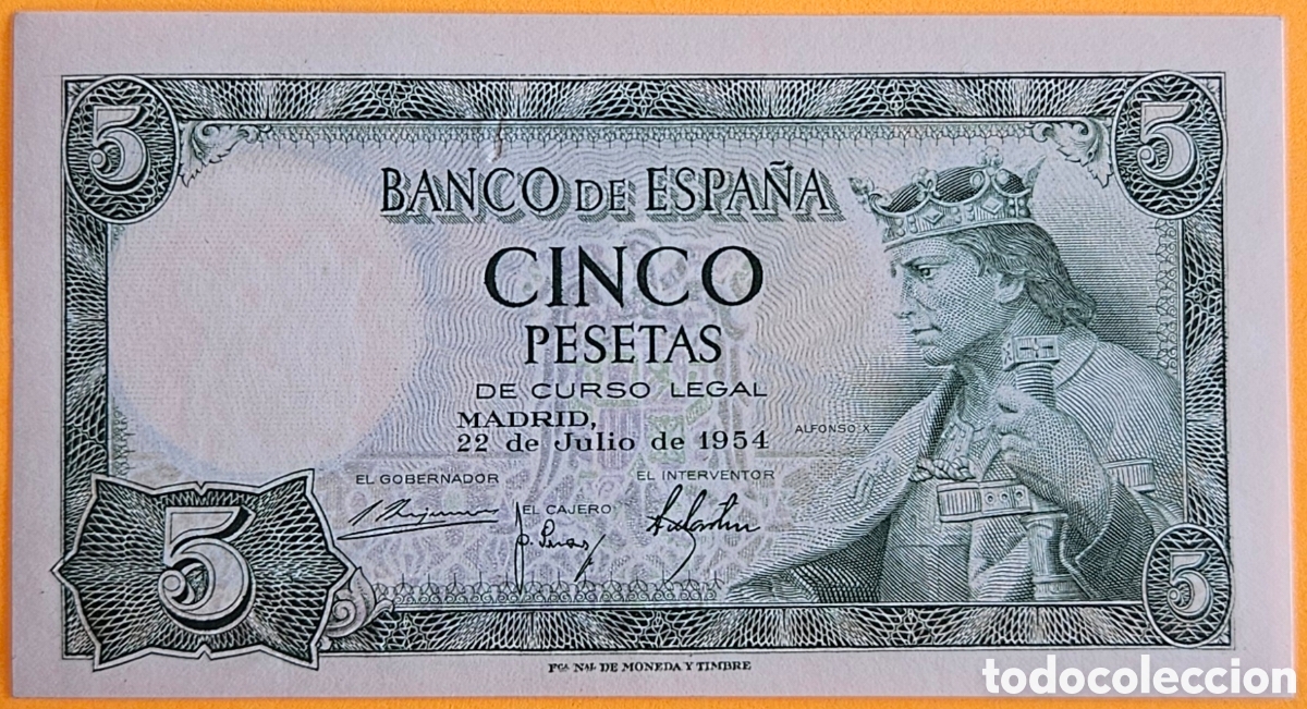 Billetes extranjeros: ESPA&Ntilde;A, 5 PESETAS, 1954. NUEVO.