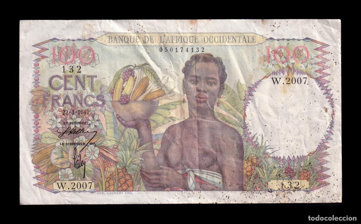 Billetes extranjeros: &Aacute;frica Occidental Francesa 100 Francos 22.04.1947 Pick 40(1) Mbc Vf