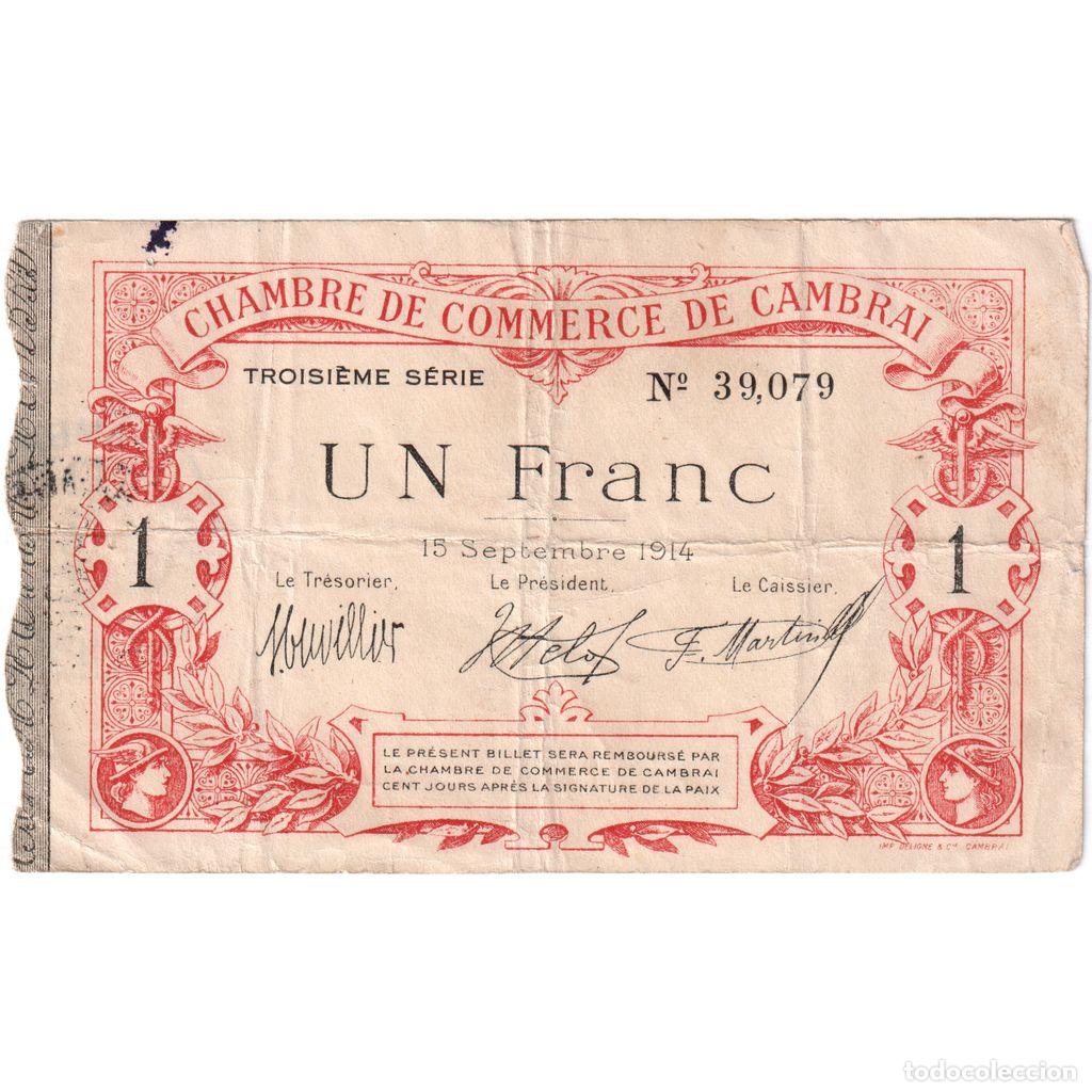 Billetes extranjeros: [#1185288] Francia, Cambrai, 1 Franc, 1914-09-15, 39079, BC+, Pirot:37-21