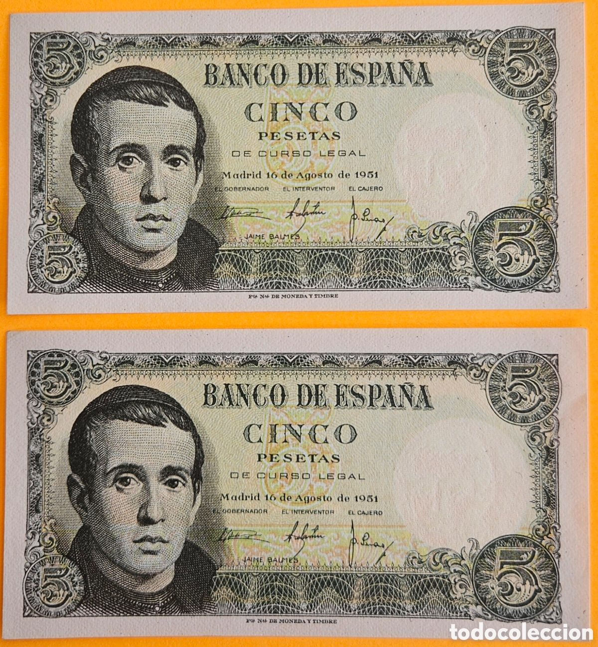 Billetes extranjeros: ESPA&Ntilde;A, PAREJA CORRELATIVA, 5 PESETAS, 1951. NUEVOS.