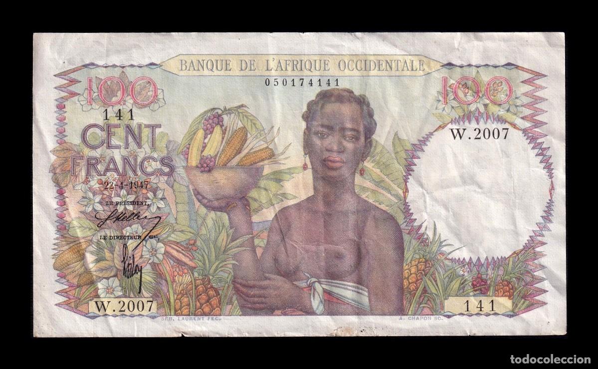 Billetes extranjeros: &Aacute;frica Occidental Francesa 100 Francos 22.04.1947 Pick 40(1) Mbc Vf