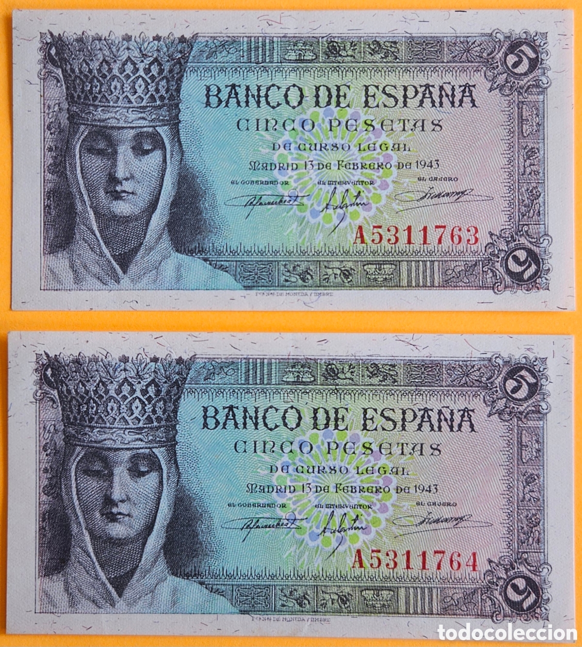Billetes extranjeros: ESPA&Ntilde;A, PAREJA CORRELATIVA, 5 PESETAS, 1943. NUEVOS.