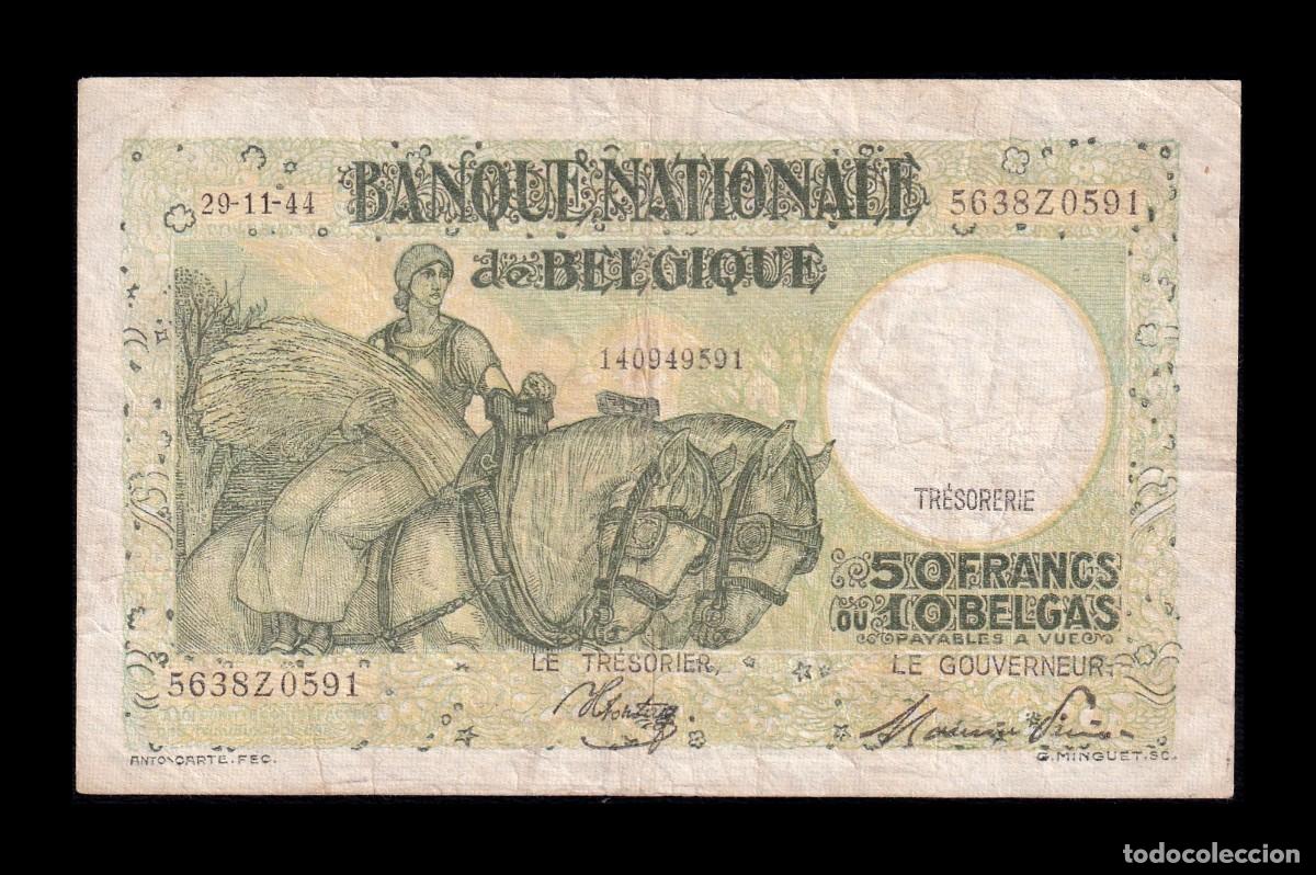 Billetes extranjeros: B&eacute;lgica 50 Francs= 10 Belgas 1944 Pick 106(4) Bc/Mbc F/Vf