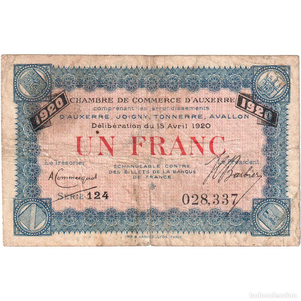 Billetes extranjeros: [#1185300] Francia, Auxerre, 1 Franc, 1920-04-15, Serie 124, BC, Pirot:17-19