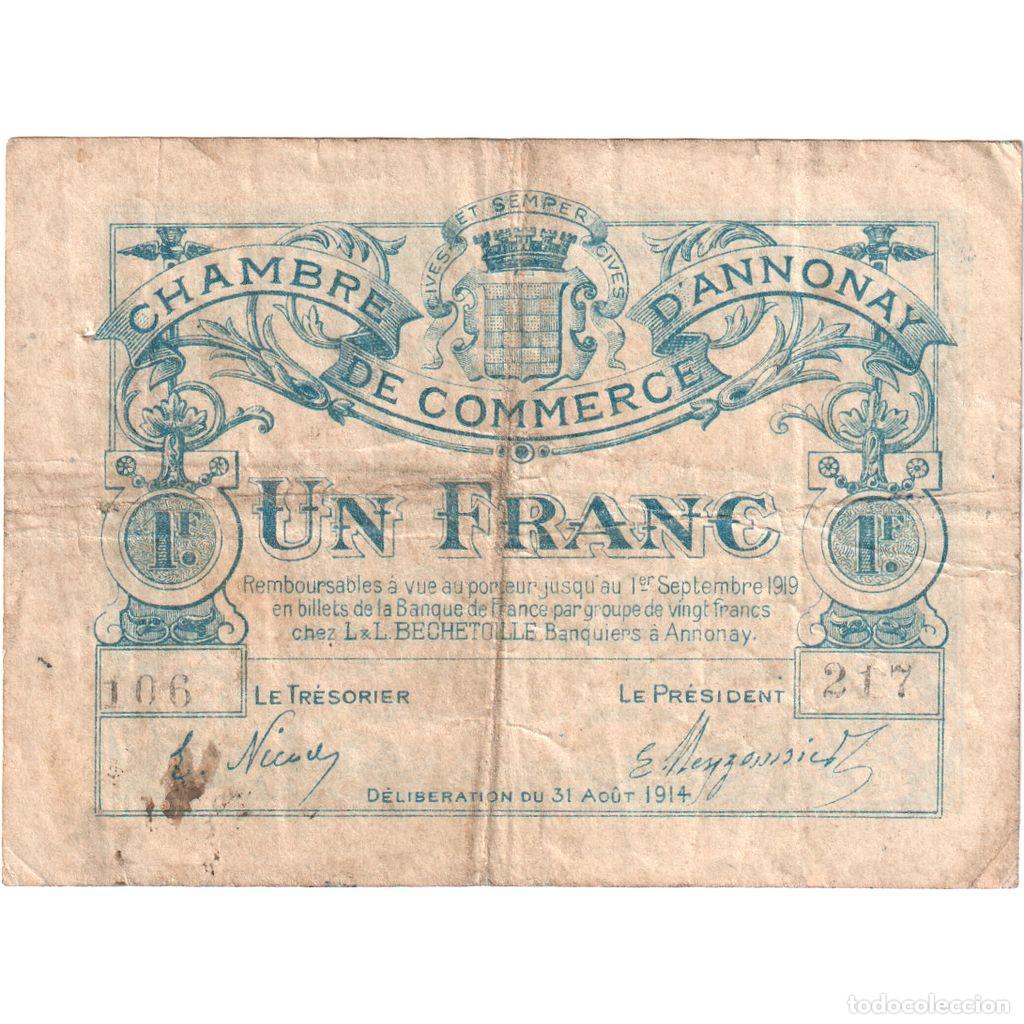 Billetes extranjeros: [#1185313] Francia, Annonay, 1 Franc, 1914-08-31, Chambre de Commerce, BC, Pirot:11-8