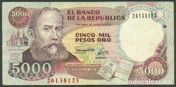 Billetes extranjeros: COLOMBIA. 5000 pesos 31.1. 1992. Pick 436A. Impresora IBSFB.