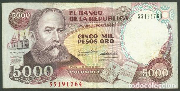Billetes extranjeros: COLOMBIA. 5000 pesos 1.1. 1990. Pick 436. Impresora IBB.