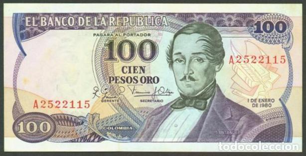 Billetes extranjeros: COLOMBIA. 100 pesos 1.1. 1980. Pick 418b. Prefijo A