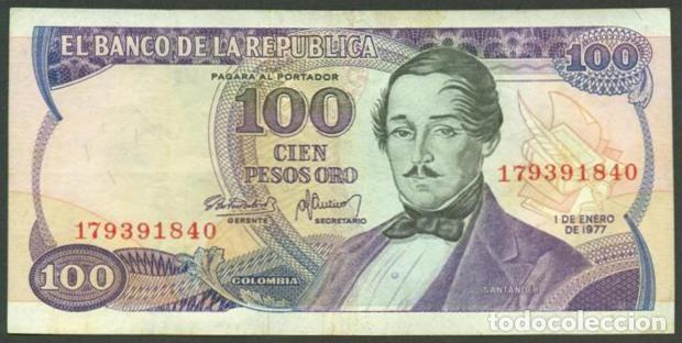 Billetes extranjeros: COLOMBIA. 100 pesos 1.1. 1977. Pick 418a. 9 digitos.