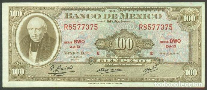 Billetes extranjeros: MEXICO. 100 pesos 18.7. 1973. Pick 61i. Serie BWO. Ver color del sello en el reverso.