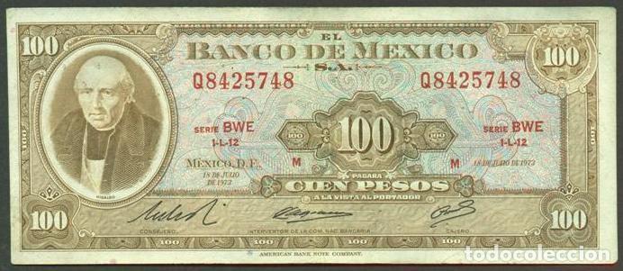 Billetes extranjeros: MEXICO. 100 pesos 18.7. 1973. Pick 61i. Serie BWE. Ver color del sello en el reverso.