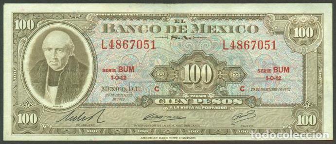 Billetes extranjeros: MEXICO. 100 pesos 27.6. 1972. Pick 61g. Serie BUM. Ver color del sello en el reverso.