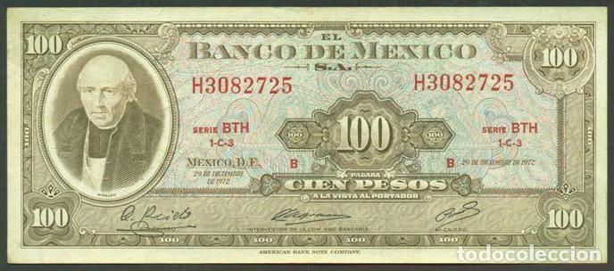 Billetes extranjeros: MEXICO. 100 pesos 27.6. 1972. Pick 61g. Serie BTH. Ver color del sello en el reverso.