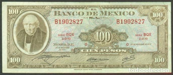 Billetes extranjeros: MEXICO. 100 pesos 27.6. 1972. Pick 61g. Serie BQX. Ver color del sello en el reverso.