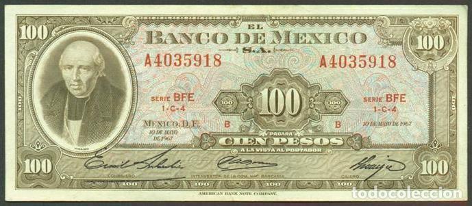 Billetes extranjeros: MEXICO. 100 pesos 10.5. 1967. Pick 61d. Serie BFE. Ver color del sello en el reverso.