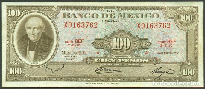 Billetes extranjeros: MEXICO. 100 pesos 10.5. 1967. Pick 61d. Serie BEF. Ver color del sello en el reverso.