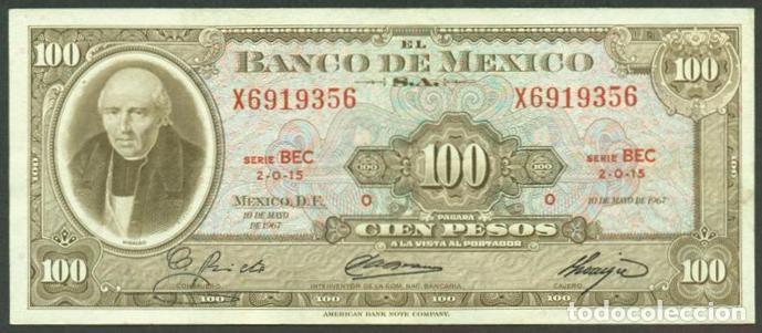 Billetes extranjeros: MEXICO. 100 pesos 10.5. 1967. Pick 61d. Serie BEC. Ver color del sello en el reverso.