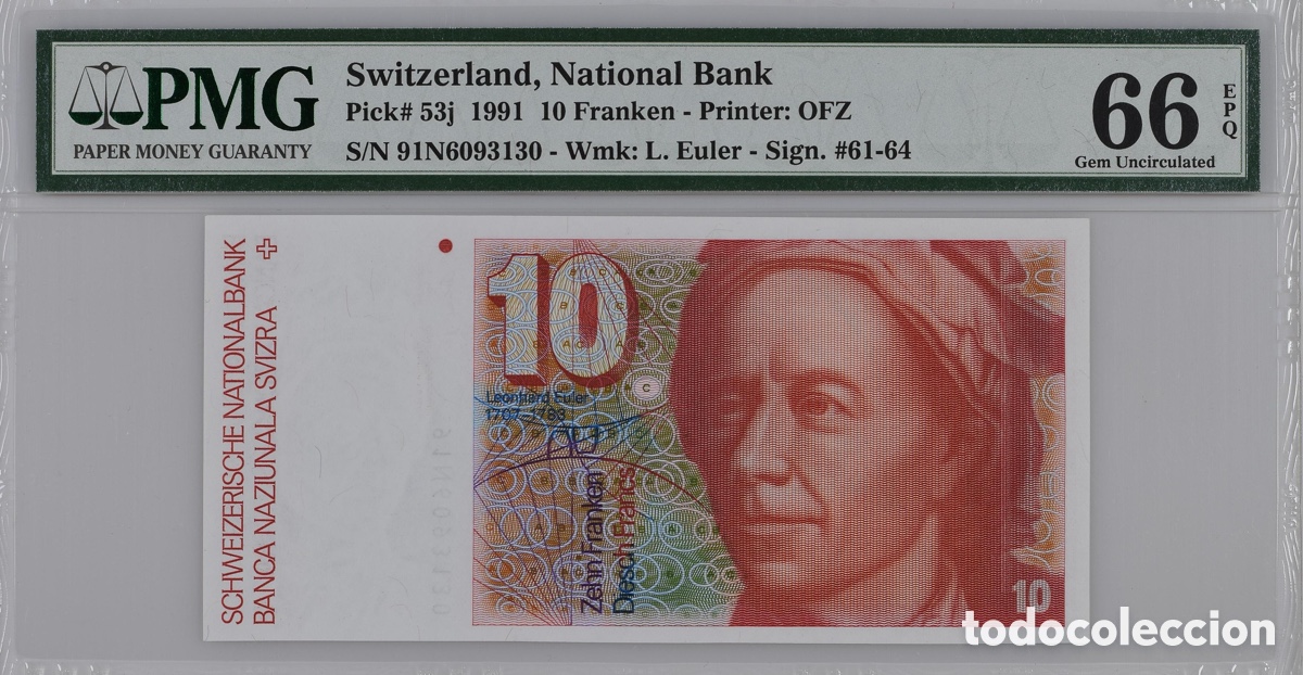 Billetes extranjeros: Billete Suiza 10 Francos 1991 PMG 66 Pick 53j